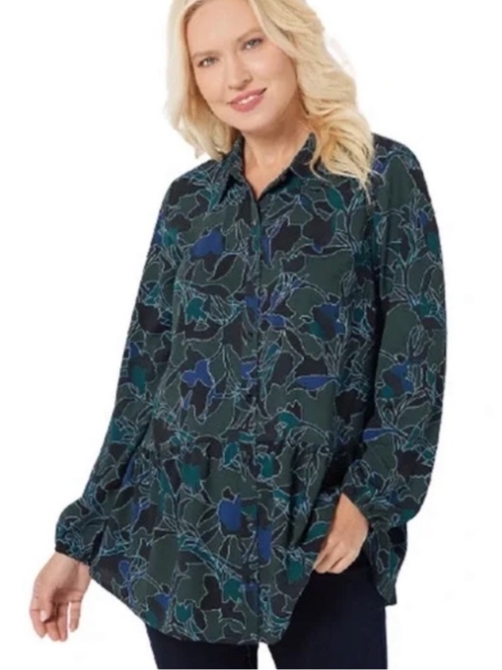 Logo By Lori Goldstein Green Floral Shirt Tunic